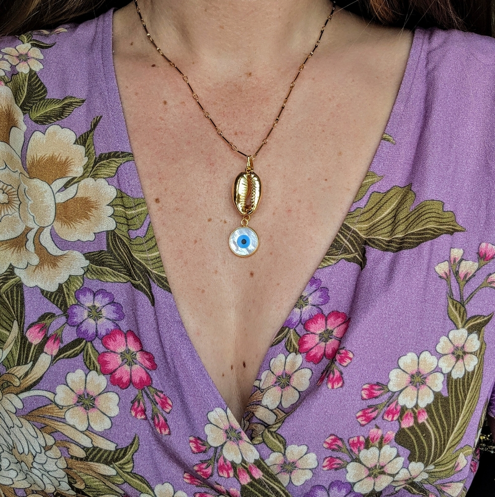 14K Gold Cowrie Shell Evil Eye Necklace